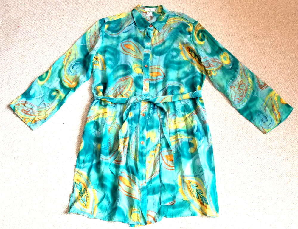 VINTAGE Womens Dress-IOS-blue/green paisley silk sheer button-up tunic-M